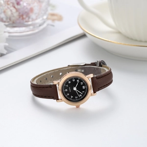 Minimalist black quartz watch for women with rose gold case and brown leather strap