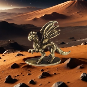 Antique brass flying dragon figurine with detailed wings on desert landscape background