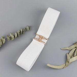 Detail view of white elastic waist belt with gold interlocking metal buckle and woven texture