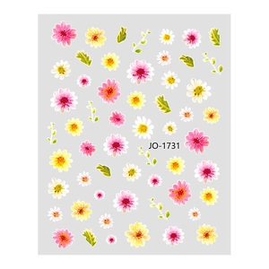 Pink and yellow floral nail art stickers with green leaves on JO-1731 sheet
