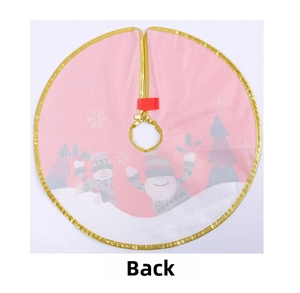 Pink Christmas tree skirt featuring snowman patterns and gold satin trim detail