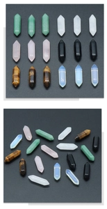 Polished double-pointed hexagonal crystal prisms in various natural gemstones and colors