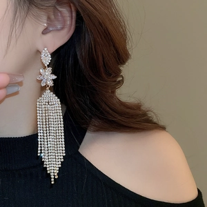 Macro view of long silver tassel earrings with flower studs and sparkling zircons