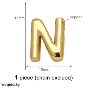 Detailed view of 18k gold plated copper letter N charm with dimensions 13mm by 10mm