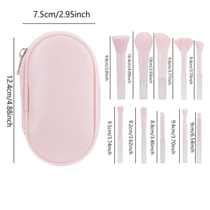 Detailed size guide for 10pcs pink makeup brush set and portable leather pouch