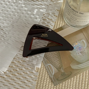 Detailed macro shot of a glossy chocolate brown acetate hair claw with golden lettering