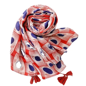 Red and blue geometric pattern scarf with soft cotton feel and elegant red fringe tassels