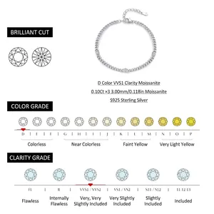 S925 sterling silver moissanite bracelet with three D color VVS1 brilliant cut stones