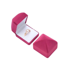 Premium fuchsia velvet jewelry box set for rings and earrings shown in open and closed views