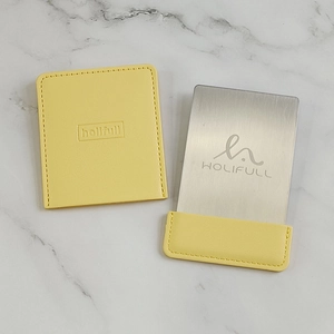 Slim portable square stainless steel makeup mirror with yellow PU leather protective sleeve