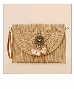 Detailed straw woven envelope clutch featuring bead tassels and a matching wrist strap