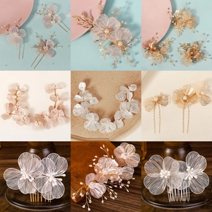 Accessoires Cheveux Fleur Mariée Fait Main Avec Pétales Filet Künstliche Perles Imitation Strass Bandeau Peigne Épingles Mariage