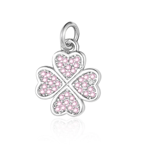 Detailed view of silver clover pendant featuring pavé-set pink heart-shaped crystals