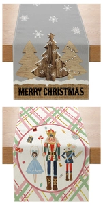 Detail of Christmas table runner with gingerbread and nutcracker printed patterns