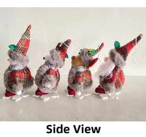 Side view of 4 Christmas plush ornaments with reindeer and snowman on snowflake base