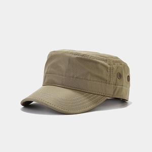 Detail of breathable quick-dry flat top military cap with metal eyelets and reinforced brim