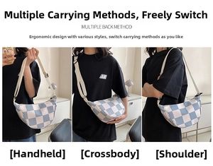 Three-way carry demonstration showing crossbody and shoulder styles for the checkered bag