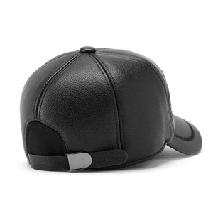 Men's black PU leather baseball cap with warm lining and metal adjustable strap