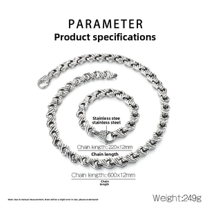 Specifications of stainless steel punk chain necklace and bracelet with dimensions and weight