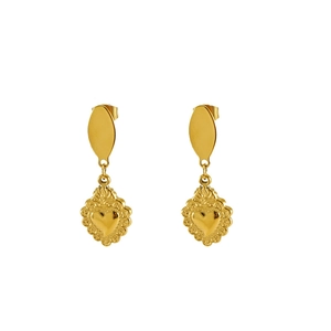 Vintage gold-plated heart drop earrings with embossed texture and polished studs