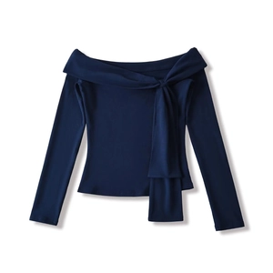Flat lay of navy off-shoulder long sleeve top with refined decorative knot detail