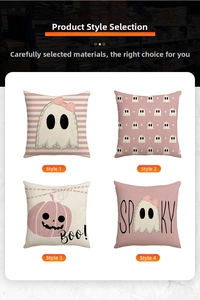 Detail of pink Halloween pillow covers with ghost and pumpkin prints and hidden zipper