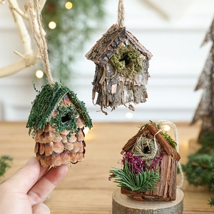 Ornements Suspendus Nichoir De Noël Écorce Naturelle Pomme De Pin Mousse Fait Main Style Forêt Rustique Pendentif Sapin