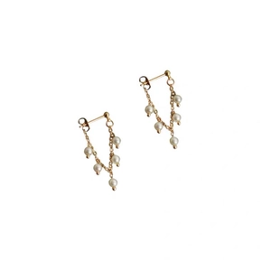 Elegant gold chain earrings with multiple white freshwater pearls on a plain white background