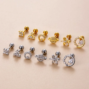 12-piece set of zircon flower and moon stainless steel cartilage studs in gold and silver