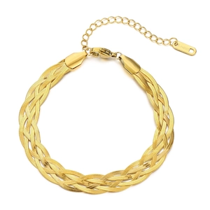 Braided gold stainless steel chain bracelet with a polished lobster clasp and extender