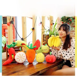 Plush vegetable and fruit toy set including banana, carrot and watermelon cushions