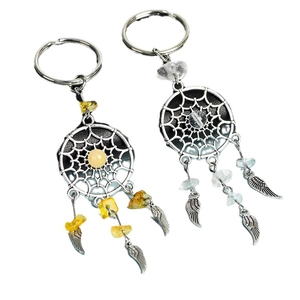 Natural crystal dreamcatcher keychain with silver feathers and colorful gemstones
