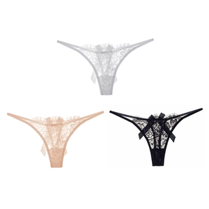 Three-pack of sexy lace thongs for women with delicate bow details in white beige and black