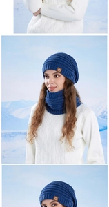 Detail of blue winter knit hat and neck warmer set with fleece lining and ribbed texture