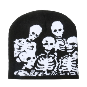 Black knit skull beanie with white skeleton pattern for streetwear style