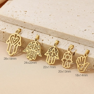 Five styles of 18K gold plated stainless steel Hamsa Hand pendants with size dimensions