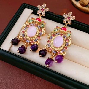 Vintage palace style drop earrings with pink oval stones and colorful floral crystals