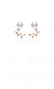 Detailed size diagram of cubic zirconia pearl leaf earrings in copper platinum finish