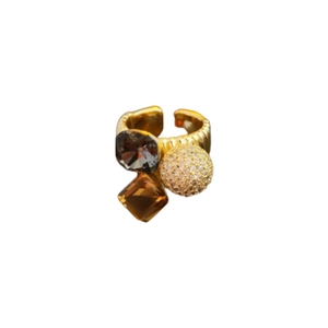 Gold plated open ring with gray and brown gemstones plus a paved cubic zirconia ball