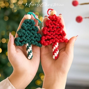 Handmade macrame Christmas tree ornaments with cotton ropes and wooden beads, 2-piece set