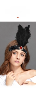 Détail du bandeau à paillettes noires avec pierre précieuse en cœur et plumes souples