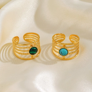 Adjustable gold plated stainless steel rings with green and blue natural stone inlays