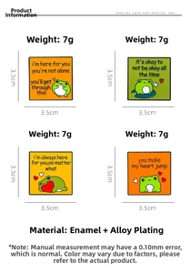 Detailed view of four frog enamel pins showing 3.5cm size and zinc alloy texture