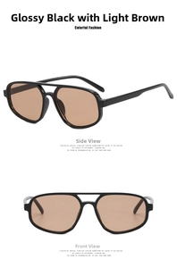 Front and side view of pilot sunglasses with glossy black frames and light tea lenses