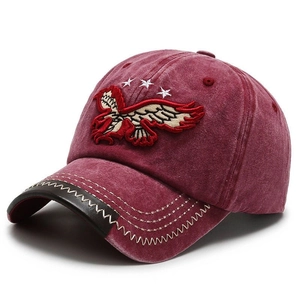 Vintage washed denim baseball cap in dark red with eagle embroidery and star details