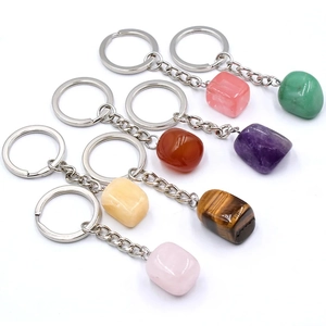 Natural irregular crystal stone keychains in various colors with polished silver metal rings