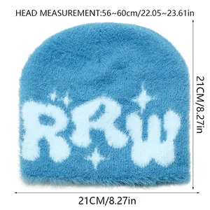 Size chart for plush knit beanie showing 21x21cm dimensions and 56-60cm head measurement