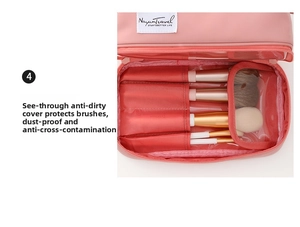Detail view of pink makeup bag showing brush compartments and protective dust cover