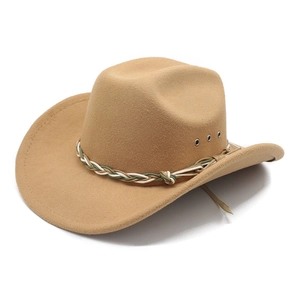 Classic khaki western cowboy hat with a colorful braided band on a white background