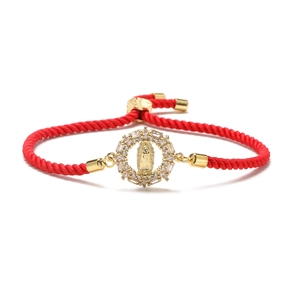 18K gold plated Mary pendant red woven bracelet with sparkling cubic zirconia accents